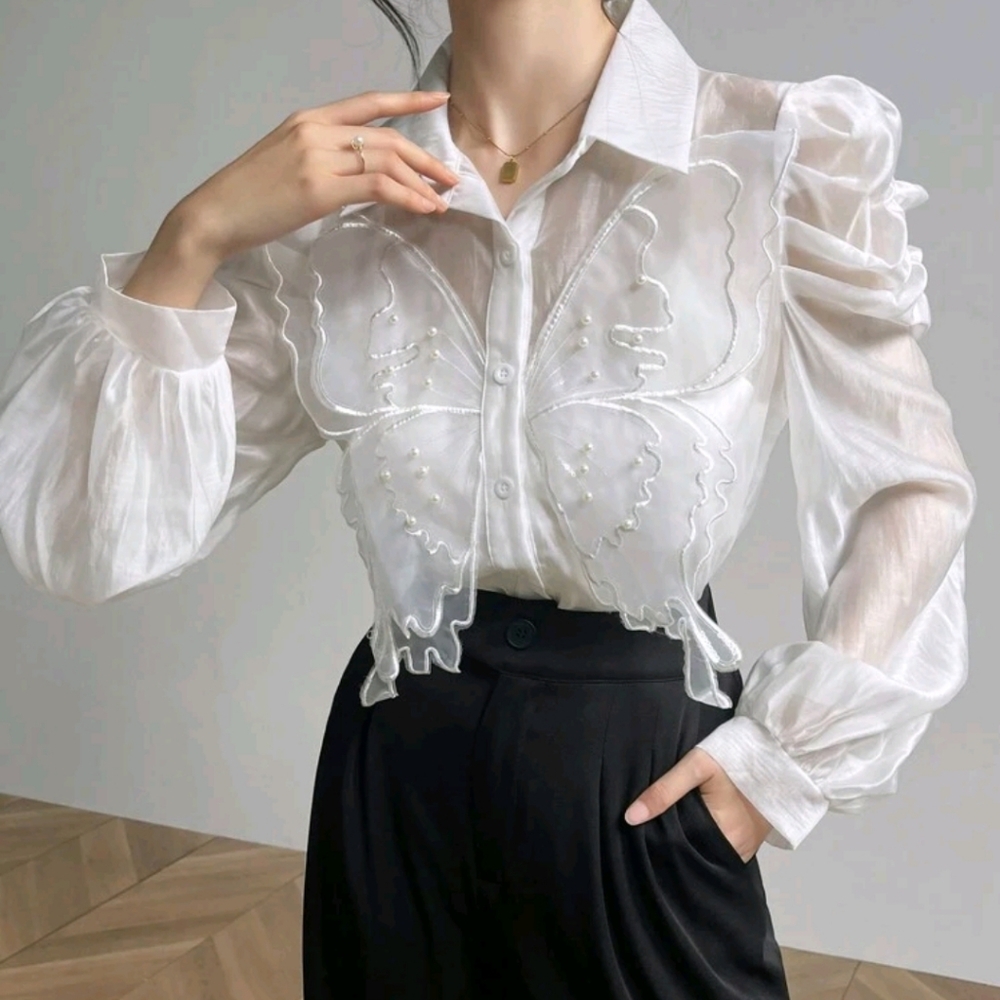 Elegant 3D Butterfly Decorated Puff Sleeve Blouse For Spring And Summer - Picture 6 of 6